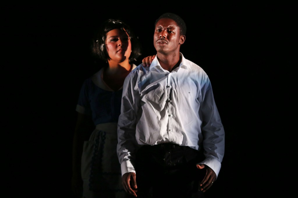 Candy Bowers as Camae and Pacharo Mzembe as Dr Martin Luther King in QTC's The Mountaintop  shot by Rob Mccoll