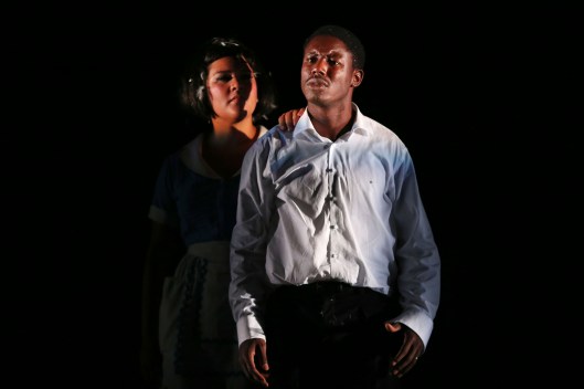 Candy Bowers as Camae and Pacharo Mzembe as Dr Martin Luther King in QTC's The Mountaintop  shot by Rob Mccoll